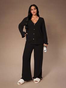 Lazeform Soft Rib Knit Ruffle Trim Front Button Decor Romantic Elegant Loungewear Casual Plus Size Pajama Set - Black - View 5