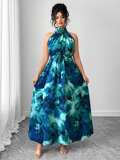 Elenzga Plus Size Women's Tie Dye Print Sleeveless Dress, Cinched Waist Waist, Stand Collar, Minimalist & Fashionable, Suitable For Commuting