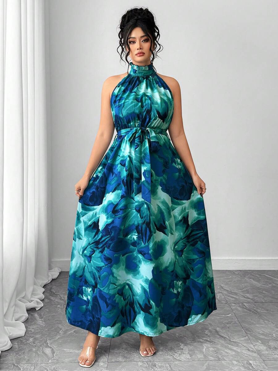 Elenzga 大码女士扎染印花无袖连衣裙，收腰设计，立领，简约时尚，适合通勤穿着。 - 彩色 - 查看 1