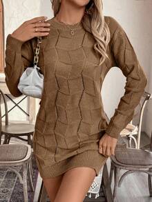 EMERY ROSE Women's Loose Casual Round Neck Drop Shoulder Long Sleeve Knitted Sweater Dress, Autumn/Winter - Coffee Brown - View 5