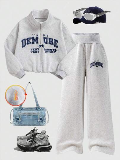 Sparklyn Tween Girl Half-Zip High Neck Grey Sporty Casual Long Sleeve Top With Grey Straight Leg Pants, English Graphic Print On Chest, Ribbed Cuffs, Thermal Lining For Warm Autumn/Winter Wear, Suitable For Sports, Outdoor, School, Cute Casual Daily, Y2K Streetwear