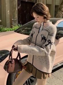 DAZY Women's Cartoon Contrast Color Puppy Design Korean Style Cardigan, Autumn/Winter - Pink - View 5