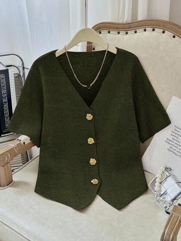 Modelyn Plus Size Solid Color V-Neck Button Front Casual Versatile Short Sleeve Sweater In Fall/Winter