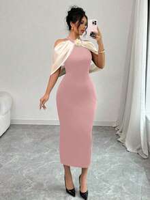 Elenzga Color Block 3D Floral Decor Off Shoulder Casual Dress Maxi Women Outfit - Dusty Pink - View 6