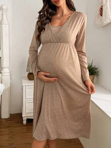 Moonlight&Mama Váy ngủ dài tay cho bà bầu mềm mại và thoải mái - Cà phê nâu - Xem 4