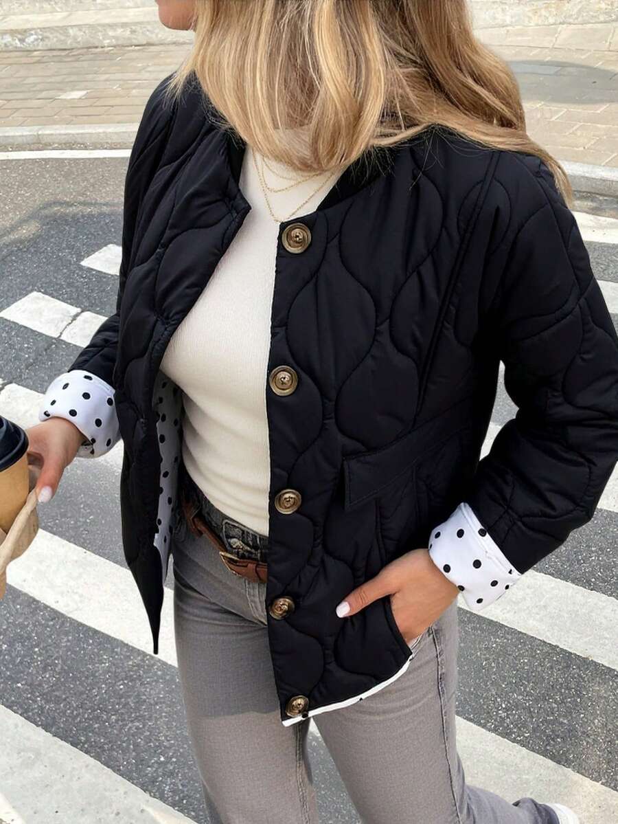 Siren Gaze Damen Winter Patchwork Polka Dot Muster Langarm Lässig gesteppter Mantel mit Polsterung, Schwarz Polka Dot Muster