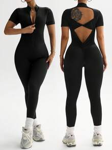 Rhythm Era 1件装 女士加大码 前拉链 立领 无缝 性感扭结露背 工字背 瑜伽 健身 体操 短袖 露脐连体裤 - 黑色 - 查看 1