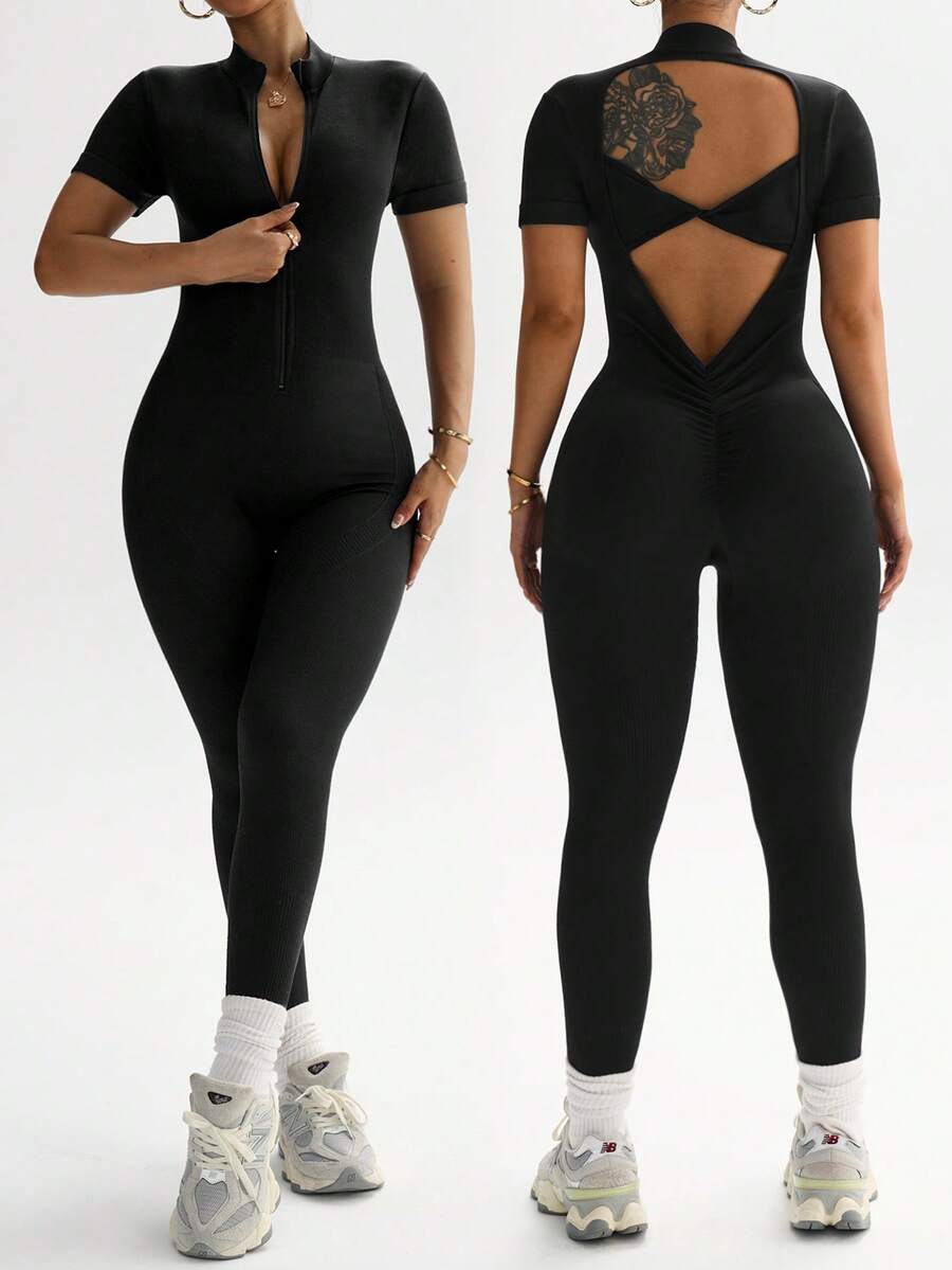 Rhythm Era 1件装 女士加大码 前拉链 立领 无缝 性感扭结露背 工字背 瑜伽 健身 体操 短袖 露脐连体裤 - 黑色 - 查看 1