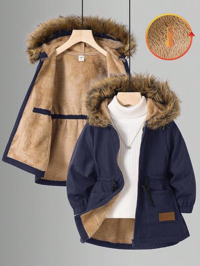 SHEIN Young Boys Casual Everyday Versatile Comfortable Thermal Lined Loose Thick Hooded Jacket, Suitable For School, Garden, Beach, Birthday, Spring, Summer, Fall, Winter