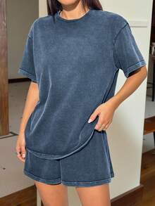 Muchica 2件套女士新款复古风格T恤和短裤 - 藍色 - 查看 3