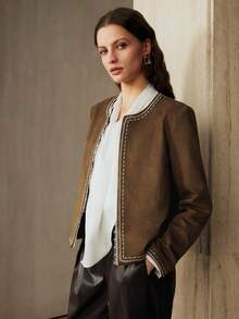 Revavyn Áo khoác cardigan nữ cổ tròn vải trơn thêu họa tiết, thích hợp cho việc đi lại hàng ngày - Màu Khaki - Xem 4