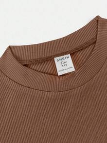 SHEIN 少女休闲纯色针织圆领长袖短款修身T恤和高腰喇叭裤两件套 - 卡其色 - 查看 4