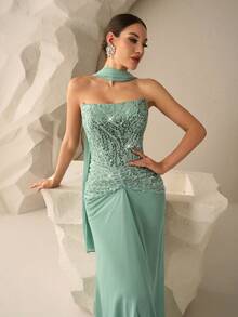 Coutiva 优雅抹胸上衣，串珠亮片缝边雪纺鱼尾裙摆派对礼服，适合生日派对、婚礼宾客、晚宴、毕业典礼等场合。 - 綠色 - 查看 10