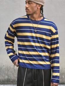AXEPEAK Casual Striped Contrast Color Round Neck Loose T-Shirt For Men - Multicolor - View 7