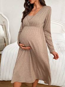 Moonlight&Mama Váy ngủ dài tay cho bà bầu mềm mại và thoải mái - Cà phê nâu - Xem 5