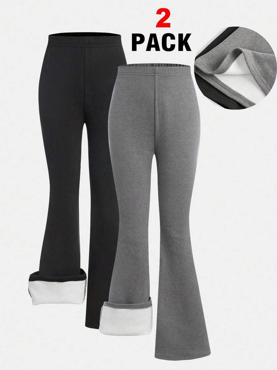 SHEIN 2件套女童休闲百搭喇叭保暖裤，黑灰色，日常穿着，秋冬季 - 彩色 - 查看 1