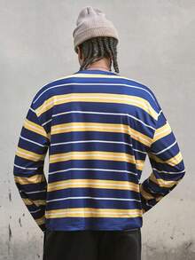 AXEPEAK Casual Striped Contrast Color Round Neck Loose T-Shirt For Men - Multicolor - View 2