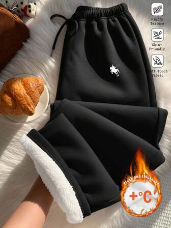 SHEIN EZwear Pantalon de survêtement ample à taille nouée avec doublure thermique et imprimé poney, pour un port casual au quotidien, convient pour la rentrée scolaire