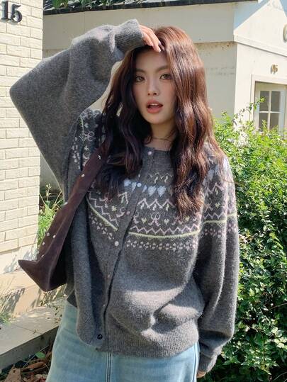 Dazy Plus Fashionable Casual Jacquard Floral Pattern Loose Fit Plus Size Women Crew Neck Long Sleeve Cardigan Sweater, Autumn/Winter