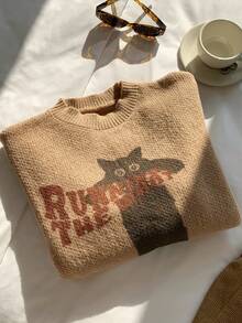 Attitoon 可爱猫咪图案圆领套头毛衣，适合秋冬季穿着