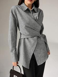 Heiryn 女士休闲、办公、通勤交叉裹身修身衬衫，百搭，春秋季 - 灰色 - 查看 3