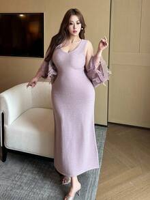 Flirla 2件套秋冬舒适蕾丝边针织披肩开衫连衣裙套装 - 淺灰紫 - 查看 5