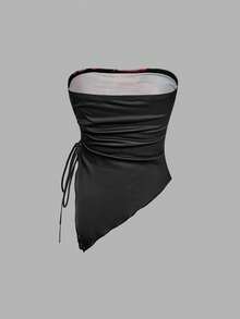 MOD Top bustier con pliegues en la cintura atada a los lados, top tubo con estampado retro, top de otoño, top para salir, top de tirantes marrón - Rosa coral - Ver 9