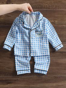Baby Boys Pajamas-2 Piece Pajama Set Gingham Pajama Set Blue Check Long Sleeve Long Pants Button Front Piped Collar Chest Pocket Cute Animal Patch Soft Breathable Skin Friendly Four Seasons Sleepwear Loungewear Holiday 2026 New Year Essential - Blue - View 5
