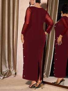 Cravure Đầm dài tay ôm dáng thanh lịch cổ thiên nga màu trơn cỡ lớn cho nữ - Màu Đỏ Sâu - Xem 2