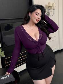 Vibekara Fall/Winter Elegant Contrast Lace V-Neck Long Sleeve Sexy Top - Purple - View 8