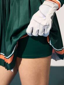 CourtClass Women's Striped Long Sleeve Pleated Hem Polo Collar Dress With Shorts Golf Outfit Green Tennis Dress Golf Women Dress