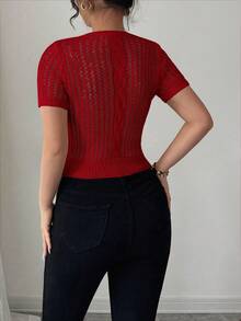 Elenzga Blusa de mujer con tejido de cuerda hueco y lazo decorativo, adecuada para la playa - Rojo - Ver 2