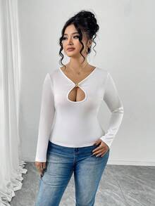 Selianne New Plus Size Women Hollow Out Chest Metal Decor Sexy Knit T-Shirt Top