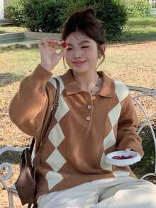 Dazy Plus Contrast Color Block Polo Collar Loose Diamond Plaid Casual Plus Size Pullover Sweater For Women, Autumn/Winter - Khaki - View 5