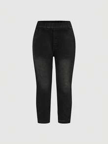 SHEIN 2pcs/Set Young Girls' Navy Blue & Light Blue Denim Thermal Lined Elastic Skinny Pants, Autumn/Winter - Multicolor - View 6