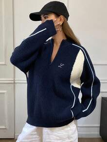 DAZY Women's Patchwork Contrast Color Embroidery Loose Stand Collar Long Sleeve Casual Street Knit Sweater, Autumn/Winter - Navy Blue - View 6