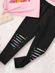 SHEIN Young Girls Casual Fashionable Creative Cartoon Cute Headphone Girl Painting Figure Print Casual Basic Short Sleeve T-Shirt And Leggings Set, Suitable For Daily Casual Wear, Party, Sophisticated Girl Outfit, Tops - Multicolor - View 5