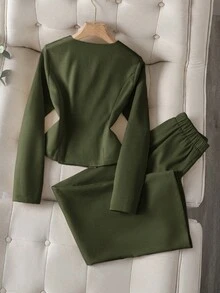 Franclia Elegant Solid-Color Rose Gold 3d Buttons Round-Neck Long-Sleeved Two Pieces Set For Ladies - Army Green - View 2