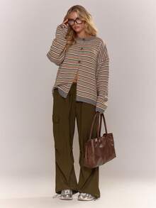 MUSERA Button Through Oversized Stripe Knit Cardigan Cute Cool Girl Cosy Winter Everyday Clean Girl Casual  Cottage Core Old Money Butterscotch Evening Party Elegant  Spring Sweater Vacation - Dark Grey - View 2