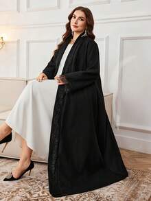 Al Najma Áo choàng Abaya tay dài rộng rãi màu trơn cỡ lớn, viền ren, thích hợp cho mùa xuân và mùa thu - màu đen - Xem 6