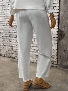 SHEIN PETITE 法式优雅编织常规版型白色女式长裤，夏季新品 - 白色 - 查看 2