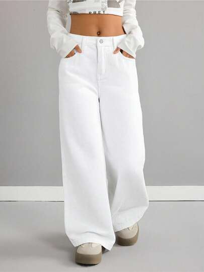 少女休闲舒适纯棉白色口袋阔腿宽松牛仔裤，适合秋冬季节穿着，日常百搭，街头风，圣诞节、新年、感恩节皆宜，时尚系列，冬季牛仔裤，青少年牛仔裤，保暖牛仔裤，白色宽松牛仔裤，Y2K宽松牛仔裤，超大款牛仔裤，宽松牛仔裤，2000年代宽松牛仔裤，优雅牛仔裤