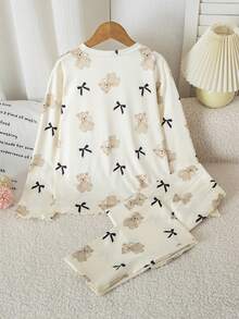 蝴蝶结和小熊印花圆领长袖休闲舒适女童睡衣套装 - 杏色 - 查看 2