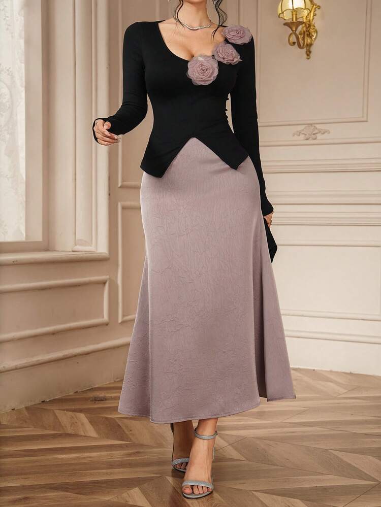 Women's V-Neck 3D Floral Design Knit Top And High Waist Satin Skirt Elegant 2-Piece Set