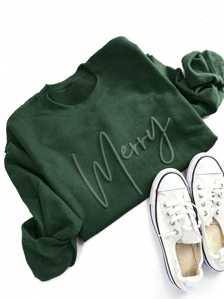 SHEIN LUNE 压印“圣诞快乐”字母卫衣，纯色圆领套头衫，长袖上衣，适合毕业、返校、教师节、秋冬季节家庭定制礼物 - 薄荷綠 - 查看 1