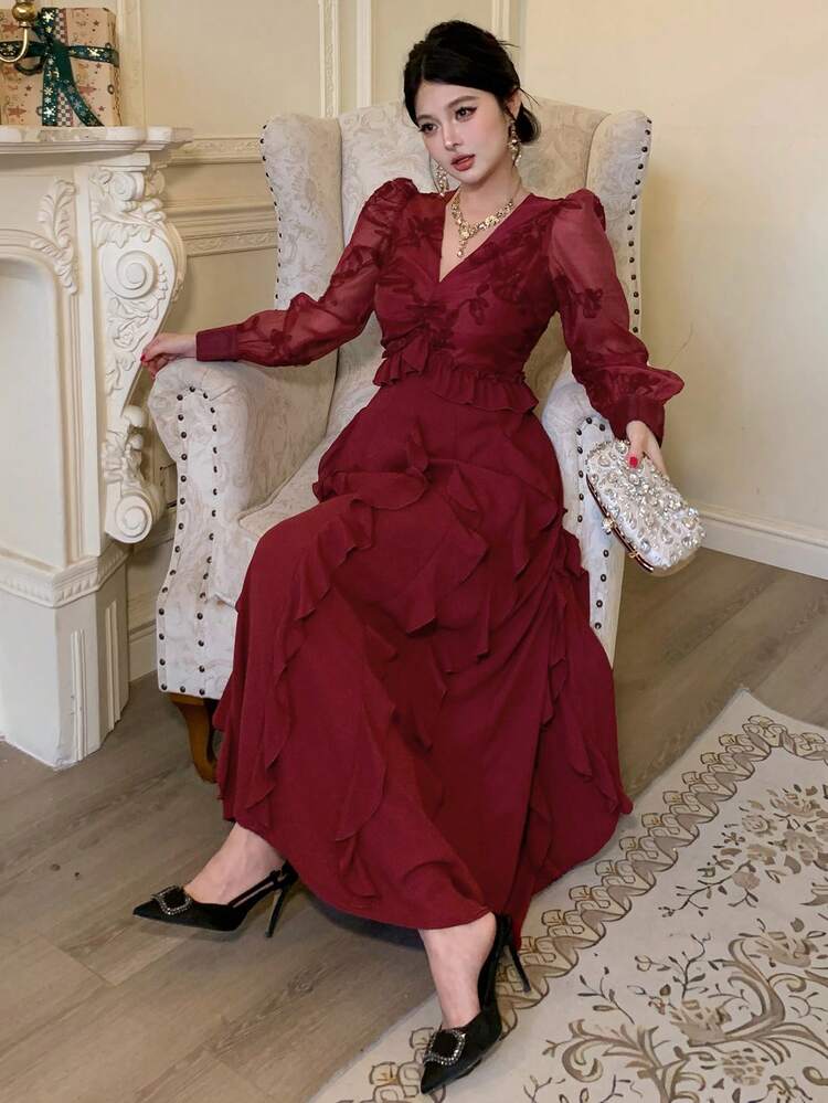 Women's Fashionable Elegant Ruffle V-Neck Mid-Length Dress