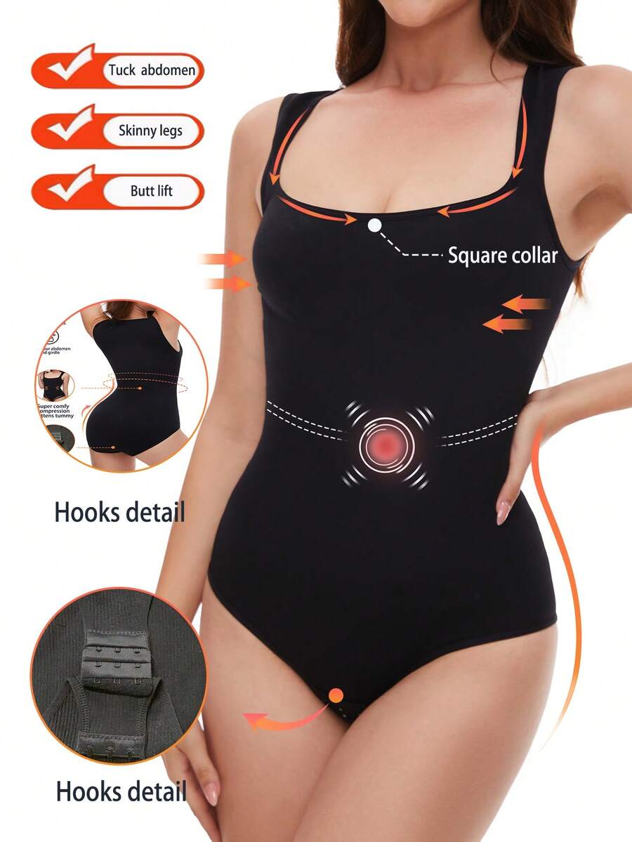 NudeFit 1pc Women Seamless Bodysuit With Tummy Control, Wide Strap, Shapewear - Black - View 1