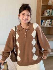 Dazy Plus Contrast Color Block Polo Collar Loose Diamond Plaid Casual Plus Size Pullover Sweater For Women, Autumn/Winter - Khaki - View 6