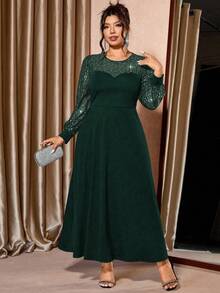 Cravure 大码女式亮片网纱拼接黑色针织面料灯笼袖连衣裙，适合夜店派对的优雅长款晚礼服 - 墨綠色 - 查看 3