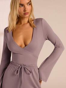 Glamine Mono informal de mujer de unicolor con cuello en V y cordón - Púrpura polvoriento - Ver 2